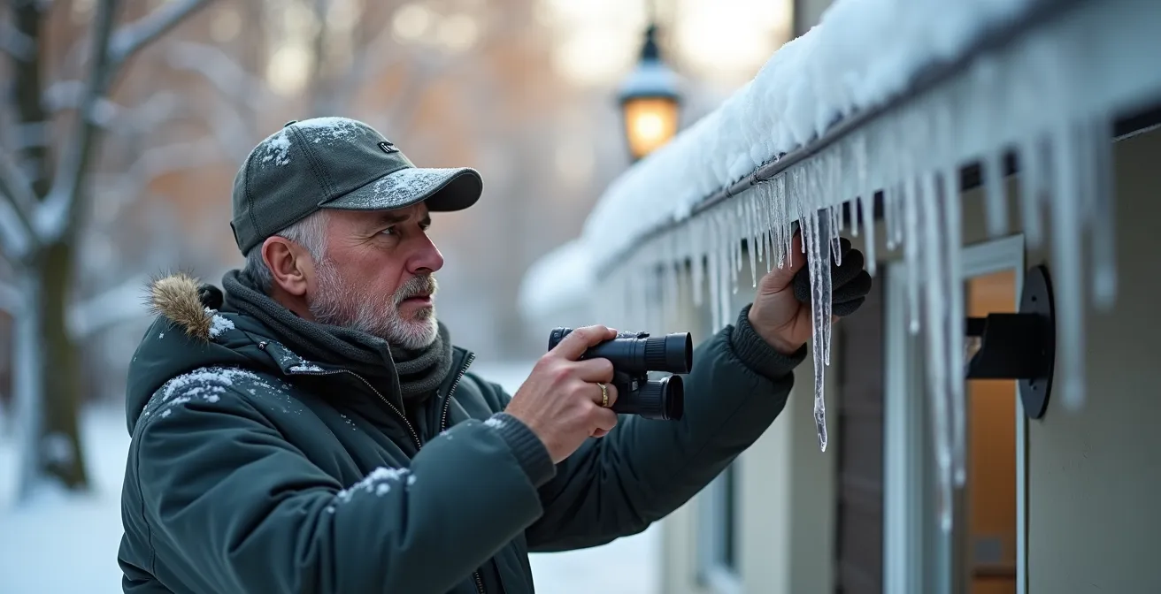 Propriétaire inspectant visuellement sa toiture depuis le sol, notant les accumulations de neige aux points critiques