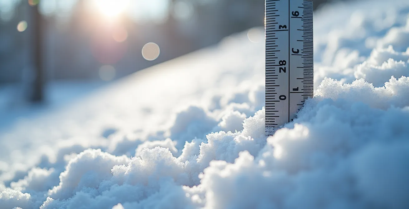 Gros plan sur une règle graduée mesurant l'épaisseur de neige accumulée sur un toit