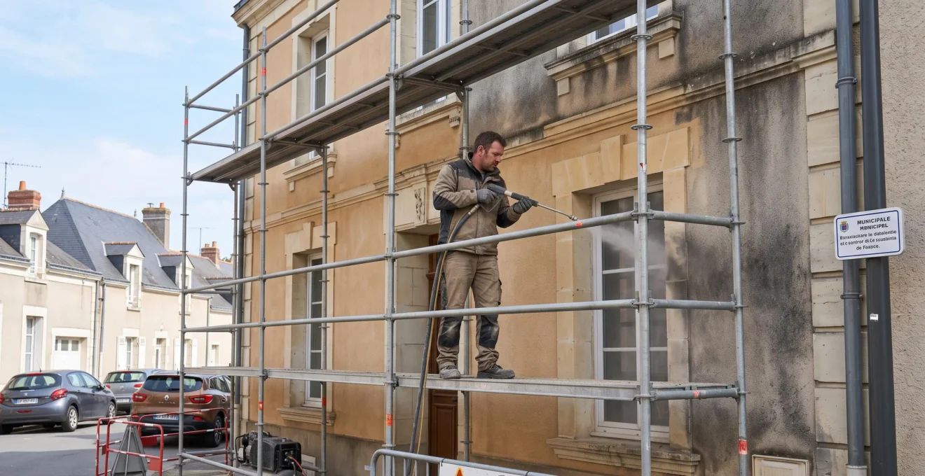 Artisan professionnel nettoyant une façade en pierre calcaire à l'aide d'un équipement de gommage depuis un échafaudage, sur une maison traditionnelle du Val de Loire, contraste visible entre la zone déjà traitée (pierre claire) et la partie encore encrassée (grisâtre)
