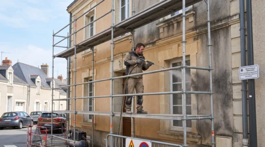 Artisan professionnel nettoyant une façade en pierre calcaire à l'aide d'un équipement de gommage depuis un échafaudage, sur une maison traditionnelle du Val de Loire, contraste visible entre la zone déjà traitée (pierre claire) et la partie encore encrassée (grisâtre)