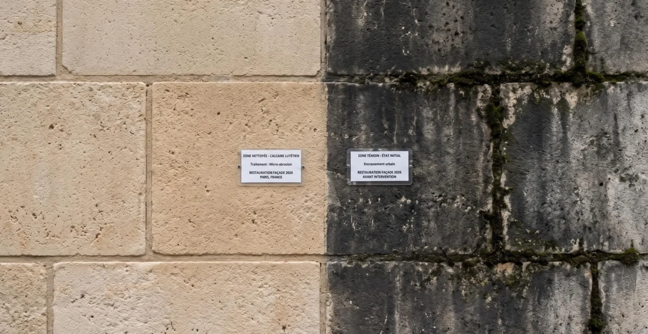Gros plan sur un mur en pierre calcaire montrant le contraste entre la partie gauche déjà nettoyée (pierre claire beige-ocre) et la partie droite non traitée (pierre noircie par pollution et mousses verdâtres)