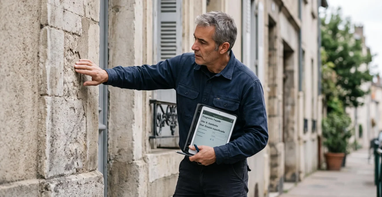 Professionnel du ravalement (artisan expérimenté, âge mûr) examinant de près une façade en pierre ancienne, main gauche palpant la surface pour évaluer sa friabilité, main droite tenant un carnet de notes, regard concentré sur la zone d'analyse