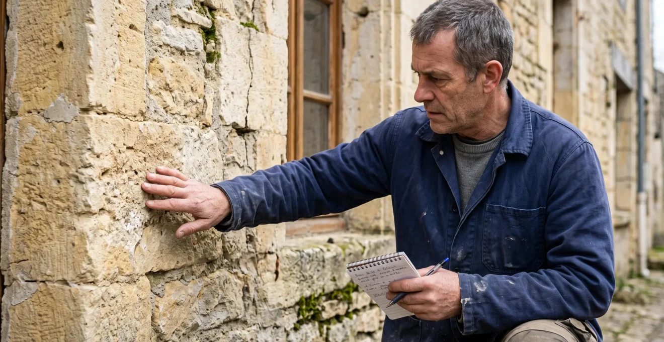Professionnel du ravalement (artisan expérimenté, âge mûr) examinant de près une façade en pierre ancienne, main gauche palpant la surface pour évaluer sa friabilité, main droite tenant un carnet de notes, regard concentré sur la zone d'analyse